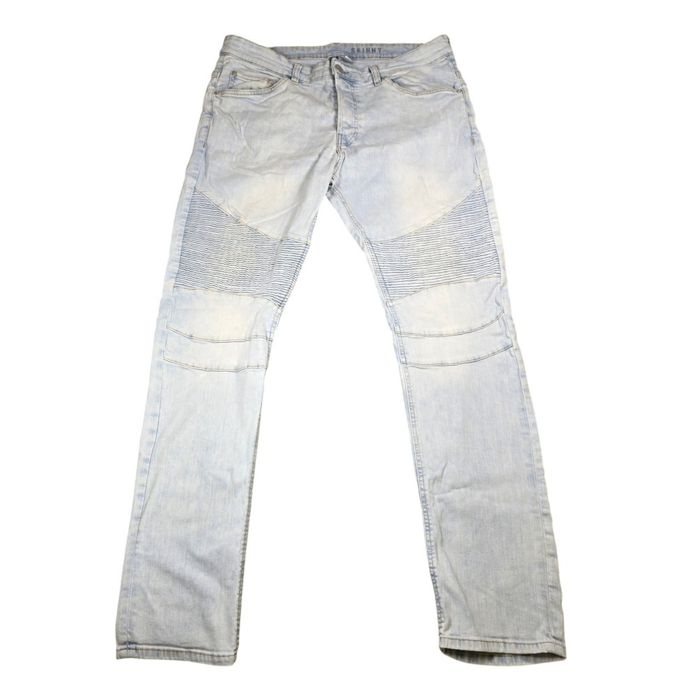 H&M Divided Mens Skinny Moto Jeans Light Wash Blue Ribbed Button Fly Size 36